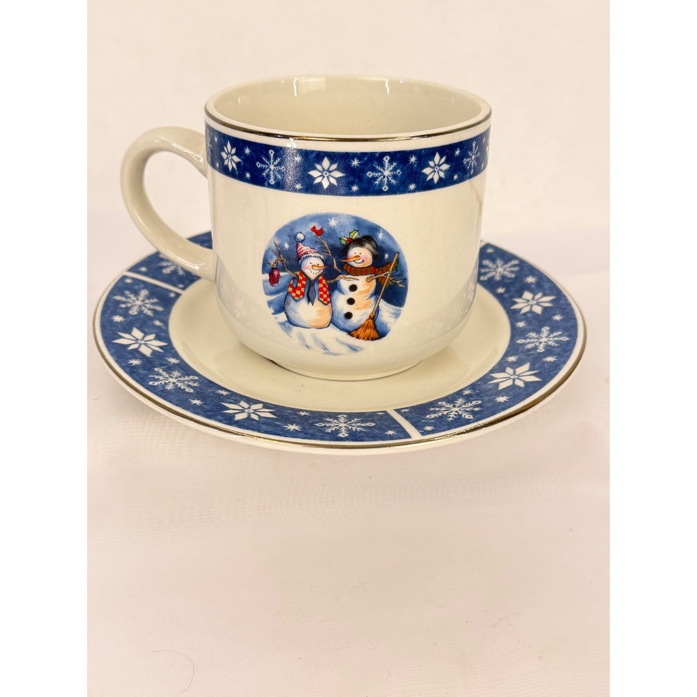 Crofton Snowman Snowflake Mug and Saucer Set Blue White Winter Holiday Ceramic